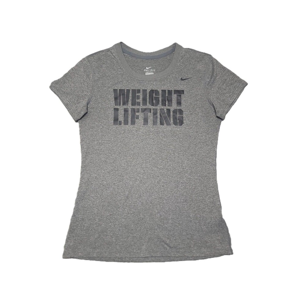 Nike Graphic "Weight Lifting" T Shirt Womens S Grey Dri-FIT Short Sleeve Gym